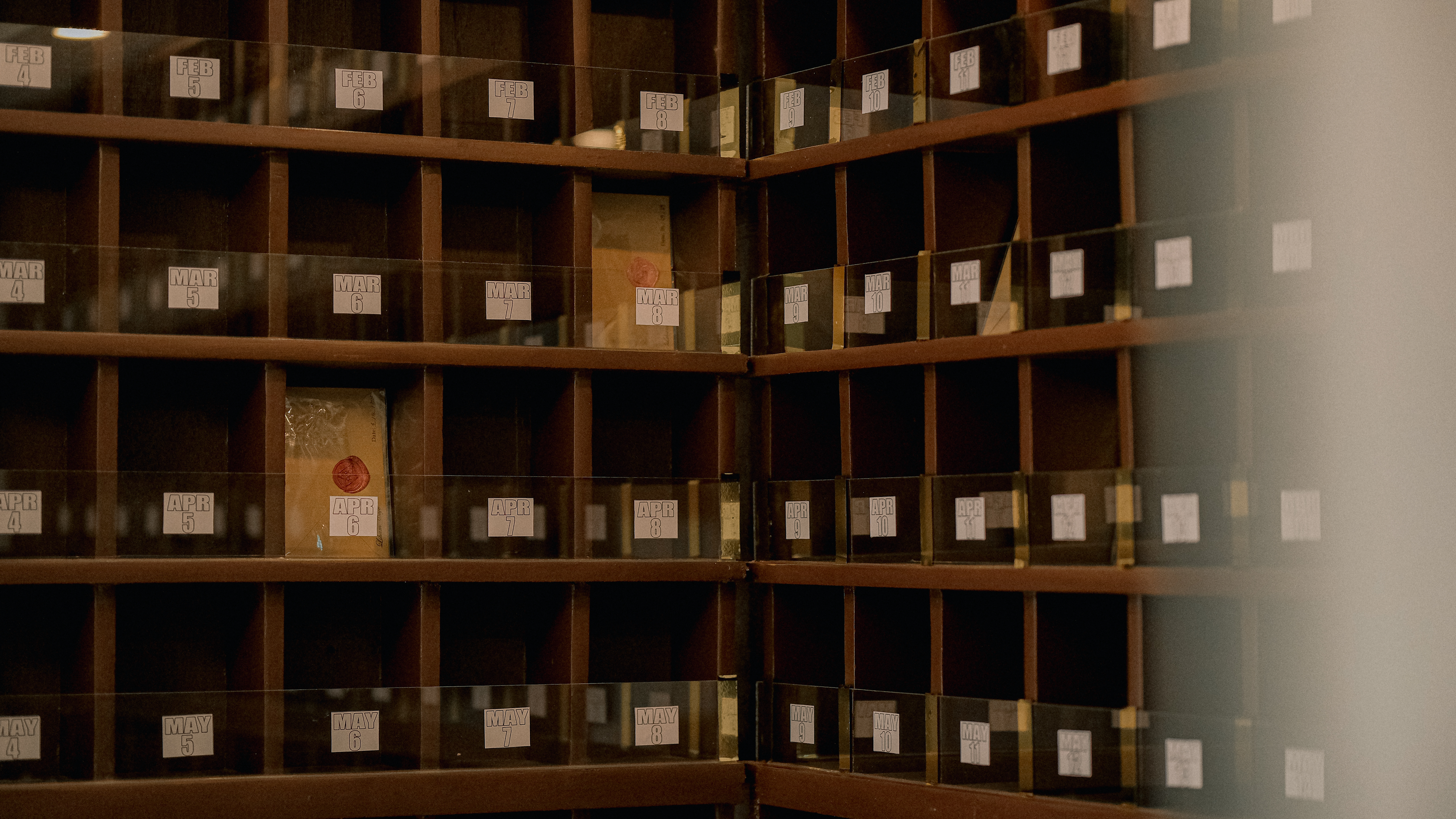 Wall of letter boxes at Liham Cafe